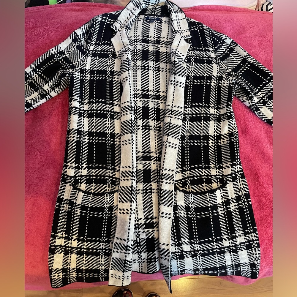 Chaps black and white plaid cardigan